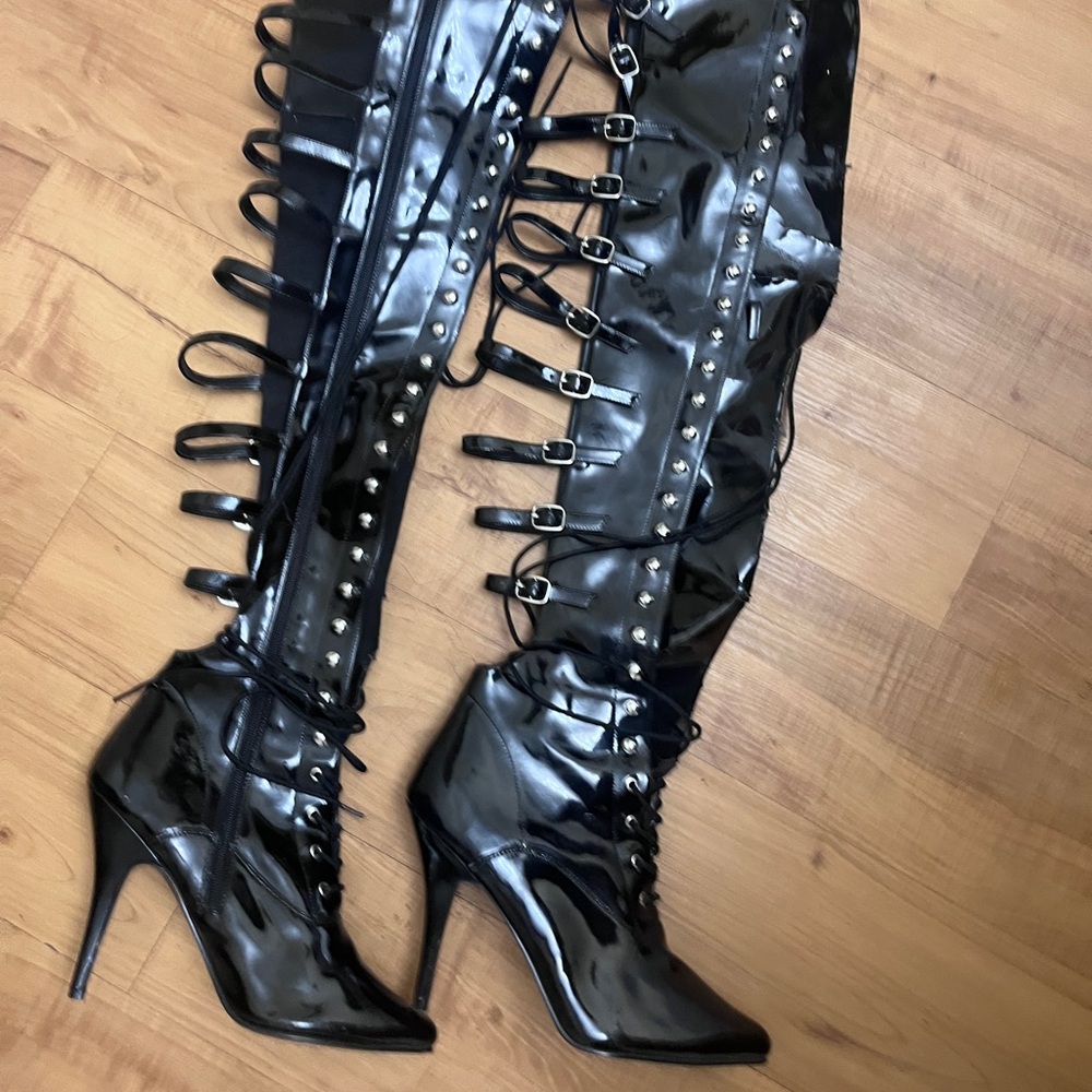 Pleaser Black Over the Knee Boots with Glossy Finish